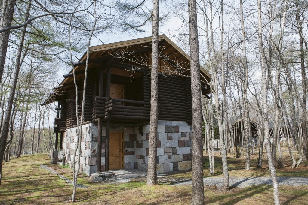 A rustic log cabin with stone lower walls and a wooden upper structure stands among tall, leafless trees in a forested area on a clear day.