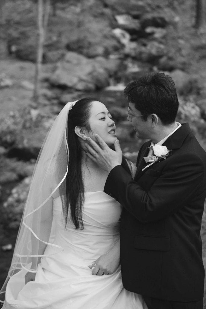 A bride and groom in wedding attire share an intimate moment outdoors; the groom gently touches the bride’s face as they gaze lovingly at each other, with rocks and blurred nature in the background. Black and white photo.