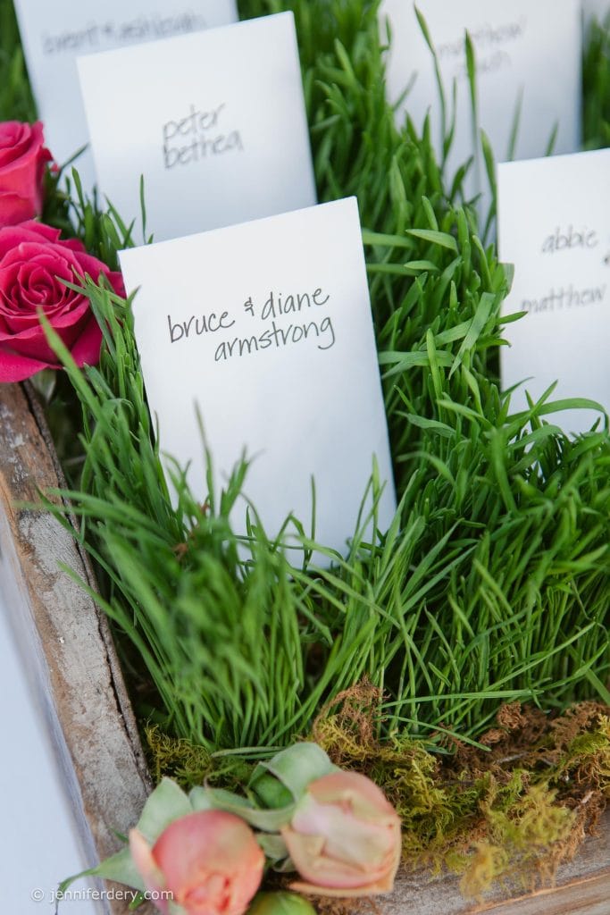 A white card labeled "bruce & diane armstrong" is displayed upright in green grass, surrounded by pink and peach flowers, with other name cards visible in the background.