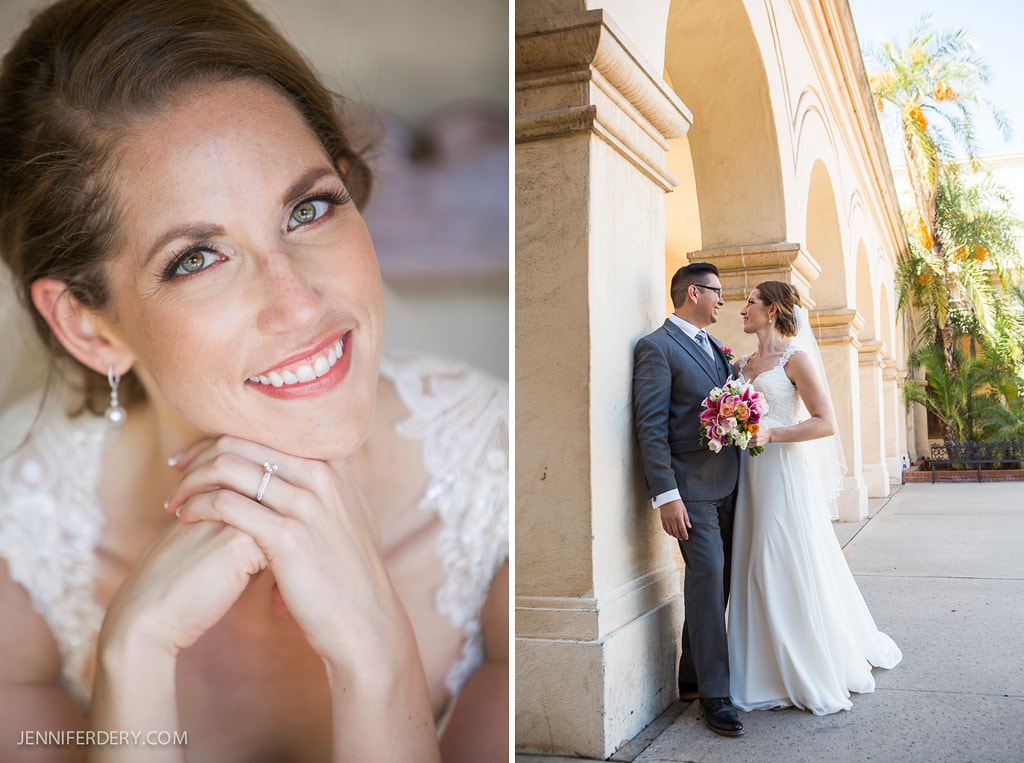 Close-up of a smiling bride with green eyes and lace dress detail; next to it, the bride and groom stand under an archway, both smiling as she holds a bouquet and he wears a gray suit.