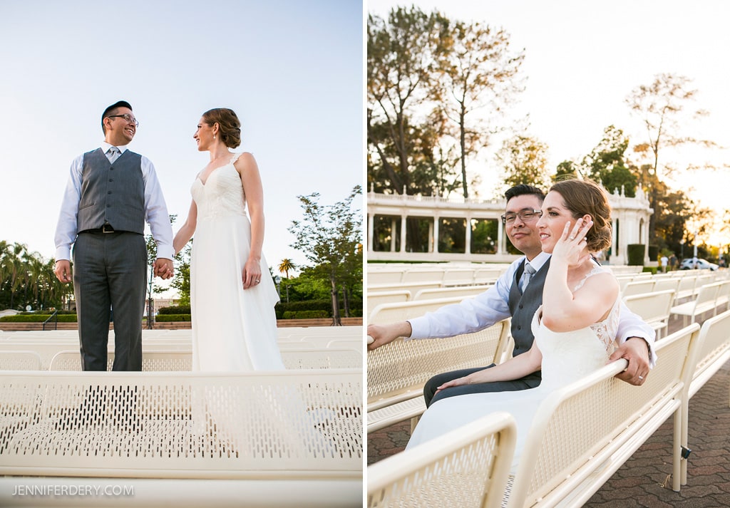 A bride and groom are featured in two images. On the left, they stand hand in hand outdoors, smiling at each other. On the right, they sit on rows of white benches, with the bride waving and the groom sitting close beside her.